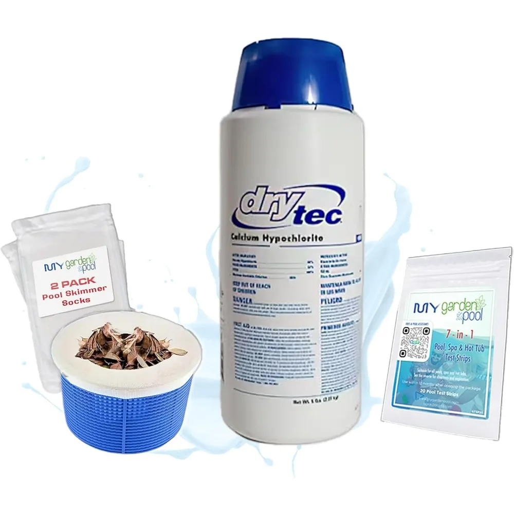 

Drytec 5 фунтов гранул гипохлорита кальция для быстрого обеззараживания бассейнов, быстрорастворимый хлор в гранулах с 2 мешочками для сбора отложений и тест-полосками 7-в-1 для плавания