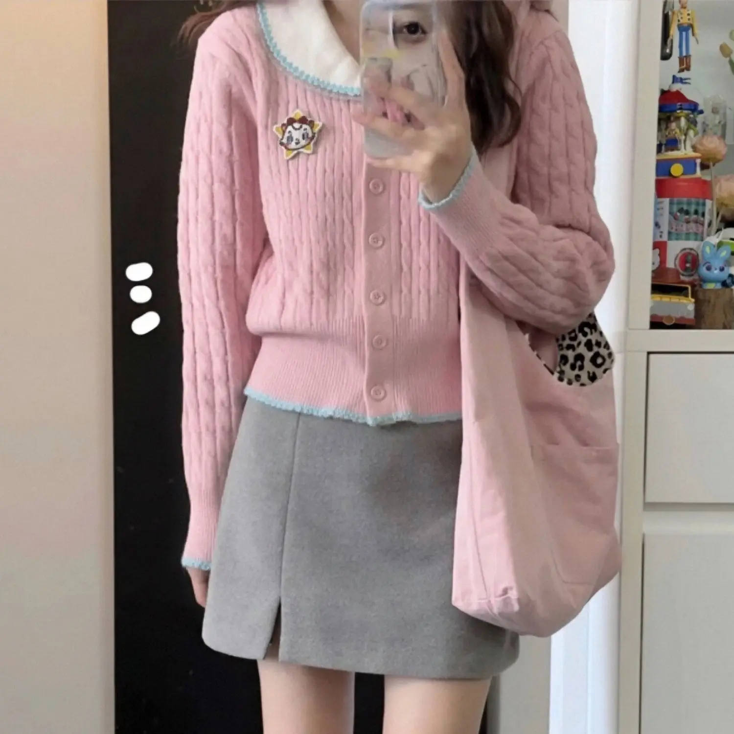 Japanese Cute Cartoon Mp Patch Jojifuku Short Knitted Cardigan Women Autumn Winter Sweet Peter Pan Collar Pink Sweater Y2k Top