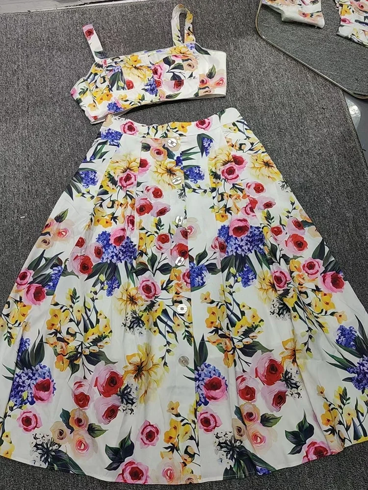 Spring and summer new printed shirt sexy suspender short blouse+high waist pocket button big swing skirt two-piece women's suit