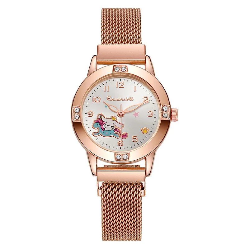 Sanrio Rose Gold Women's Watch - Diamond-Encrusted Dial with Magnetic Milanese Strap, Quartz Student Watch