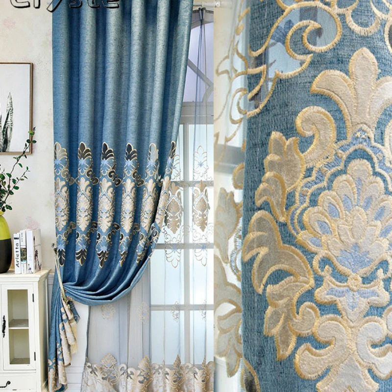 

European Style Chenille Embroidered Hollow Custom Shading Blackout Luxury Curtains for Living Dining Room Bedroom Custom