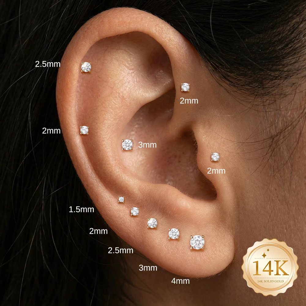 

AIDE 14K Solid Gold Multi-size Mini Four Claws Piercing Earrings For Women Classic Geometric Flat Back Exquisite Accessories