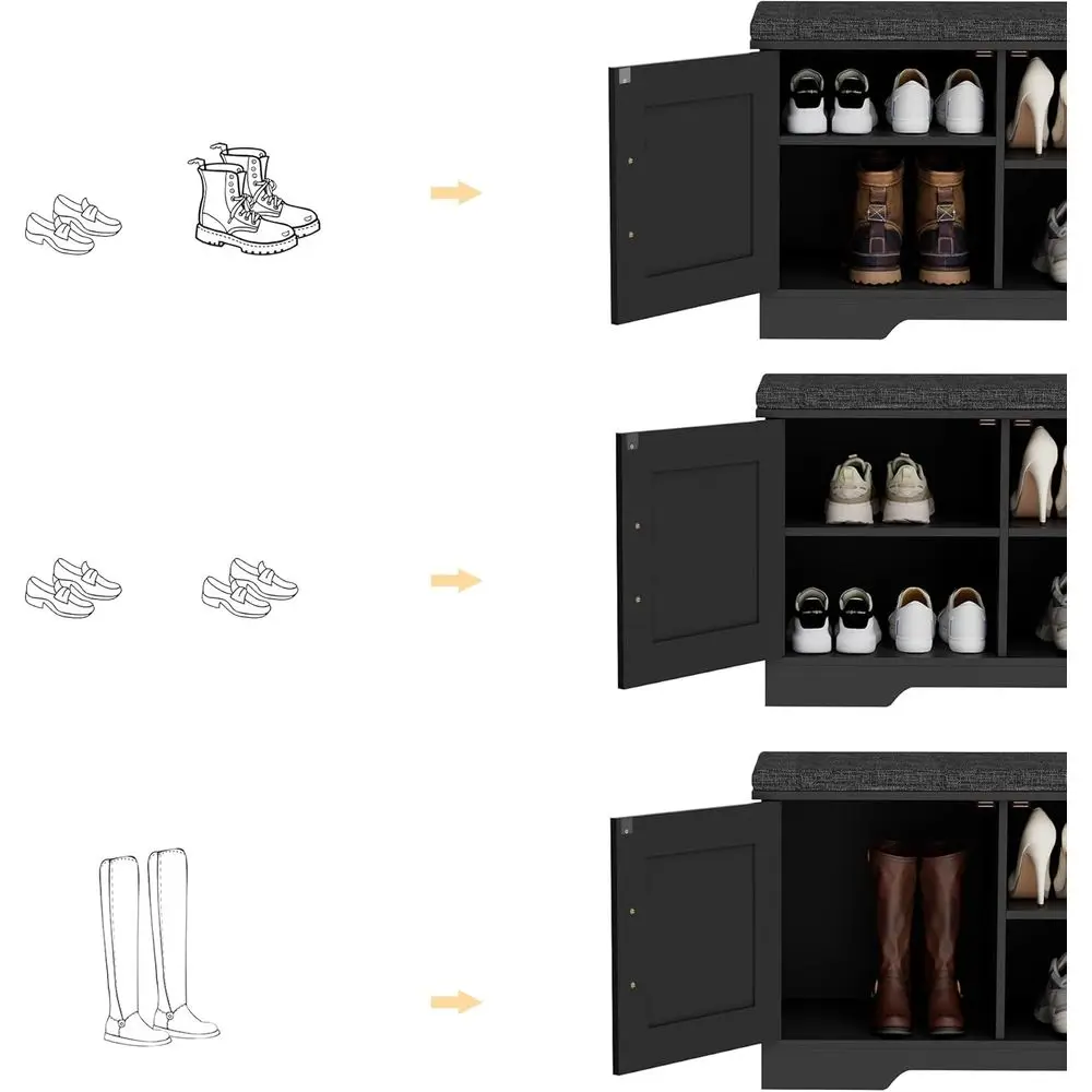 مقعد تخزين أحذية واسع مع مقعد مبطن، أثاث مدخل من طبقتين، أبواب الحظيرة، رف قابل للتعديل، أسود #5