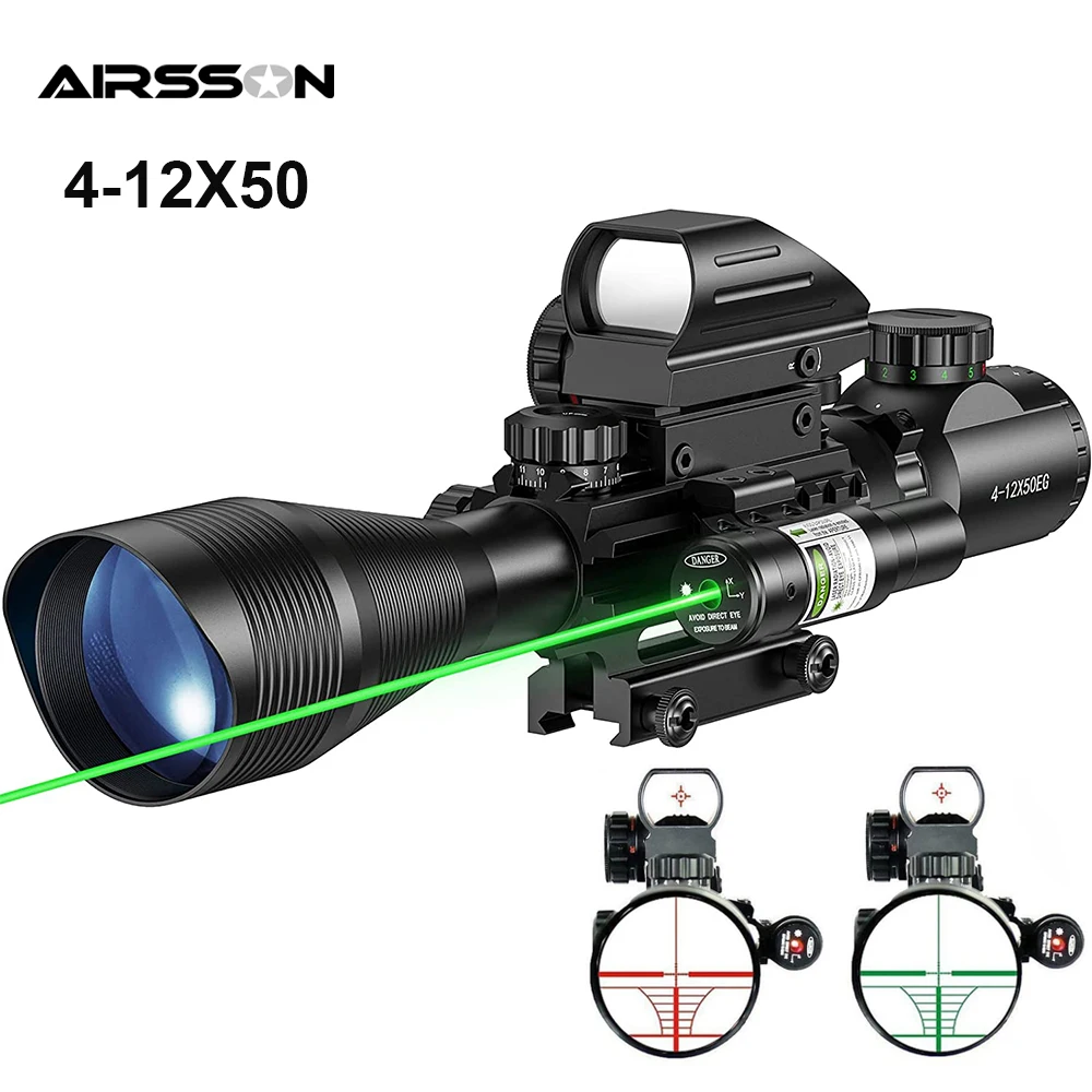 4-12X50EG Riflescope Combo Red Green Dual Illuminated Reflex Sight Optical Red Dot Scope with Laser Sight for Airsoft Hunting