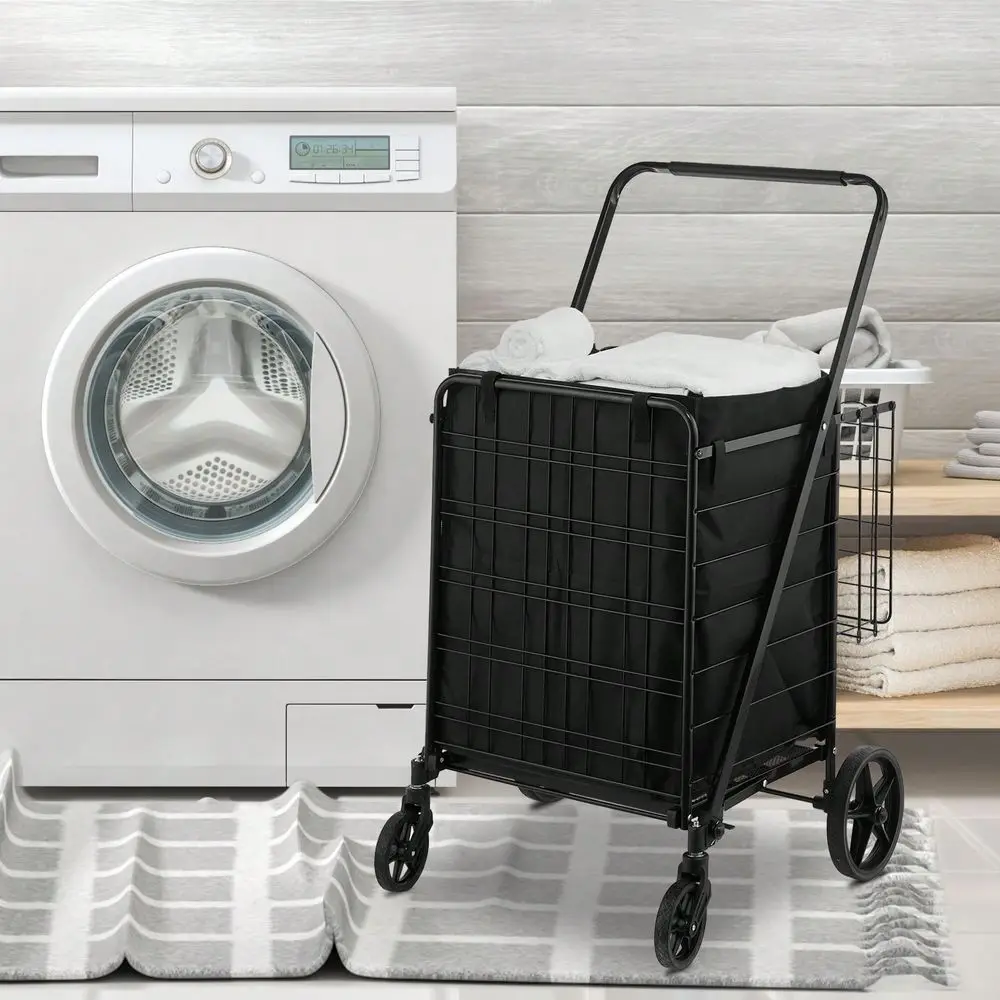 Folding Shopping Cart With Dual Baskets Jumbo Grocery Cart With Removable Waterproof Liner 360° Swivel Wheels 110lbs & 330lbs Large Capacity Utility Cart For Laundry, Shopping, Grocery, Luggage