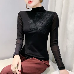 Half High Neck Hot Diamond Mesh Tops Elegant Slim Embroidered Long Sleeved Black Women's T-Shirt
