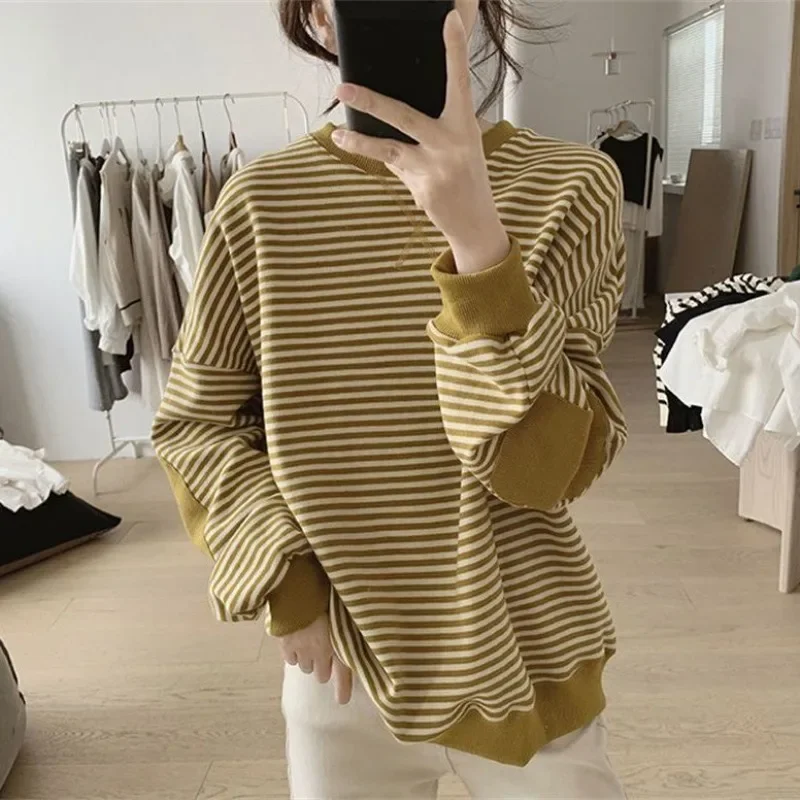 Female Top Spring and Autumn Women\'s Sweatshirts Striped Korean Pullovers Xxl Long Sleeve High Quality Youthful Clothes M New In