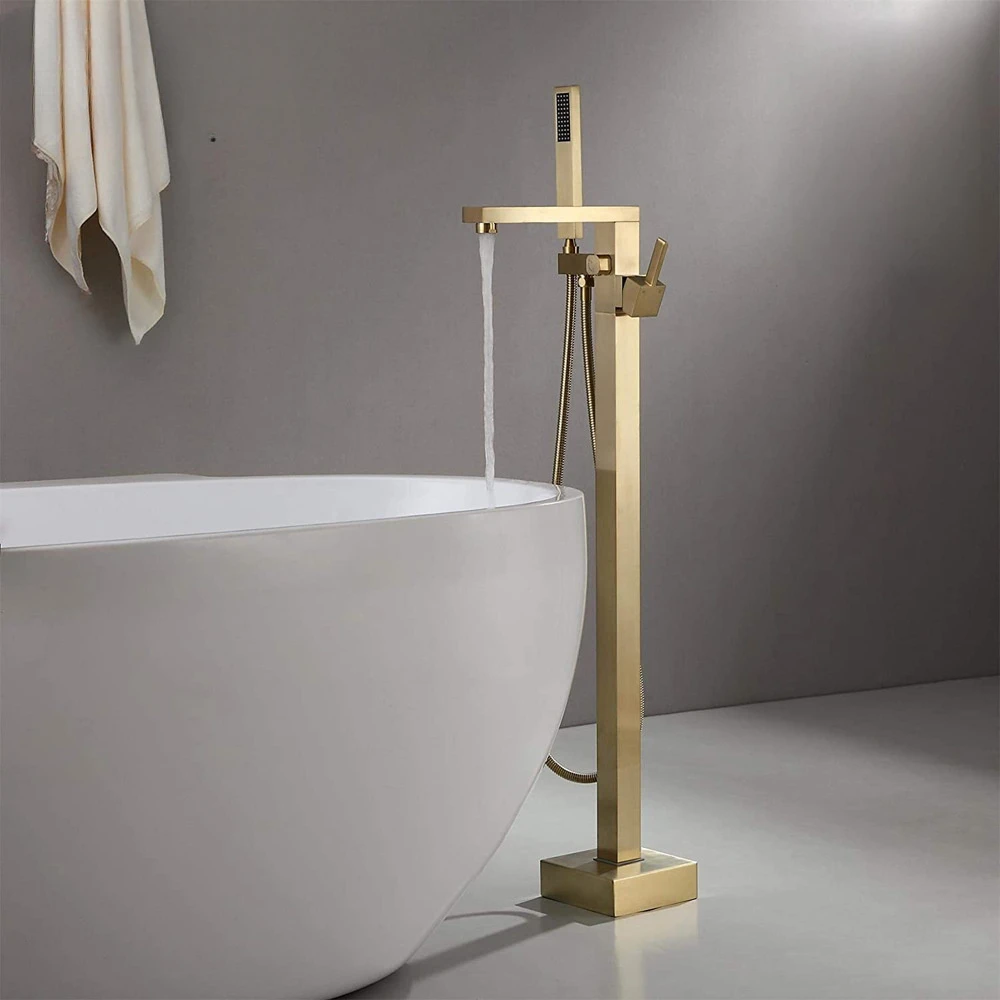 Bathroom Floor Standing Bathtub Faucet Square Copper Brushed Gold Black Shower Vertical Cold And Hot Water Mixer Bath Faucet