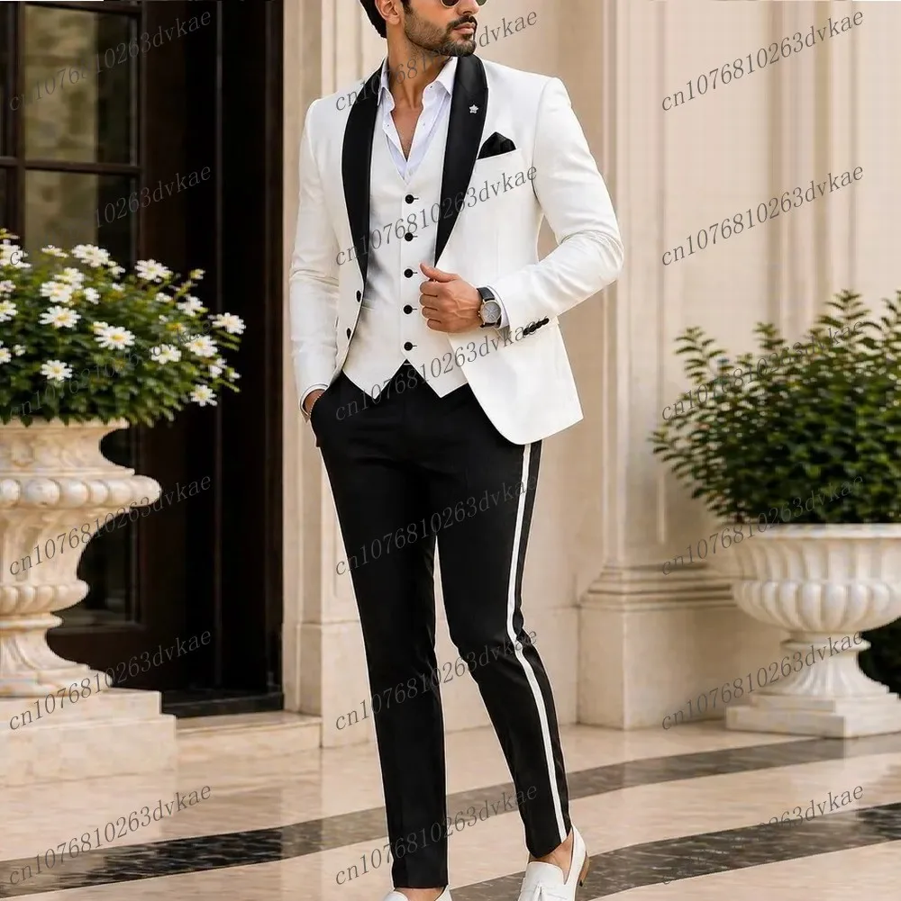 

Formal Black And White Men Suit Wedding Party Groom Groomsman Prom Business Male Tuxedos 3 Piece Set Jacket Vest Pants