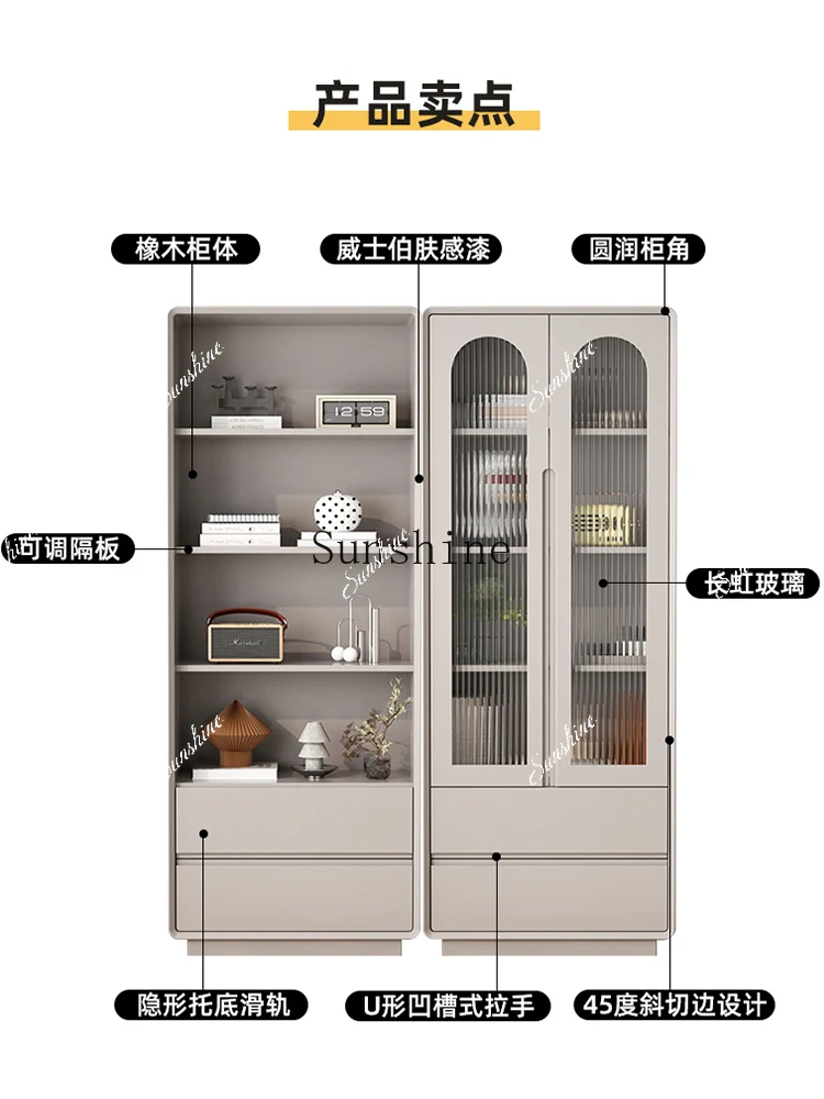 

Solid wood combination with glass door Cream wind locker Living room storage Bookshelf cabinet FT