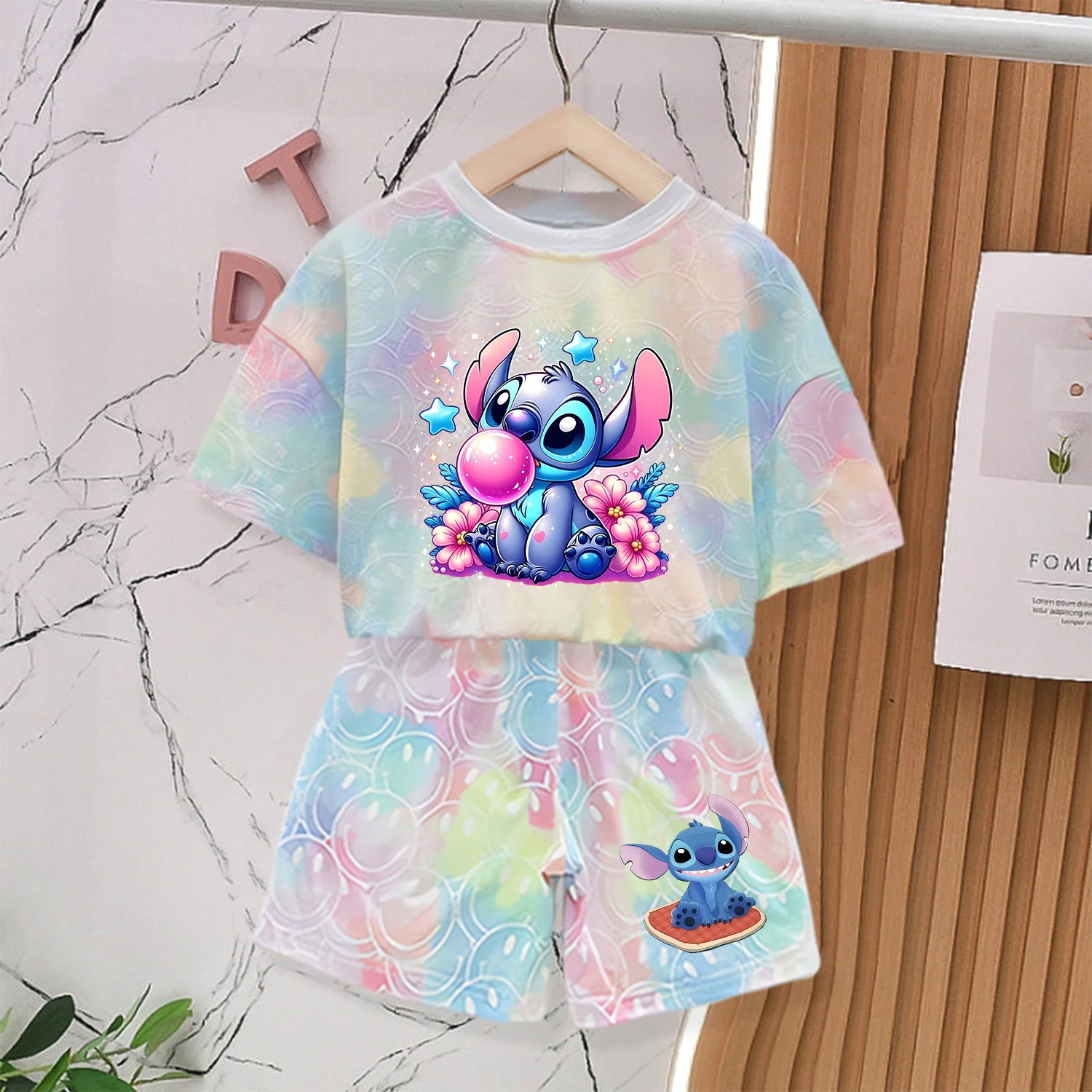 

Stitch Disney T-shirt Shorts Cartoon Printed Tee Pants Suit Smiling Pattern Children Short Sleeve Tops Clothes 2pcs Set Summer