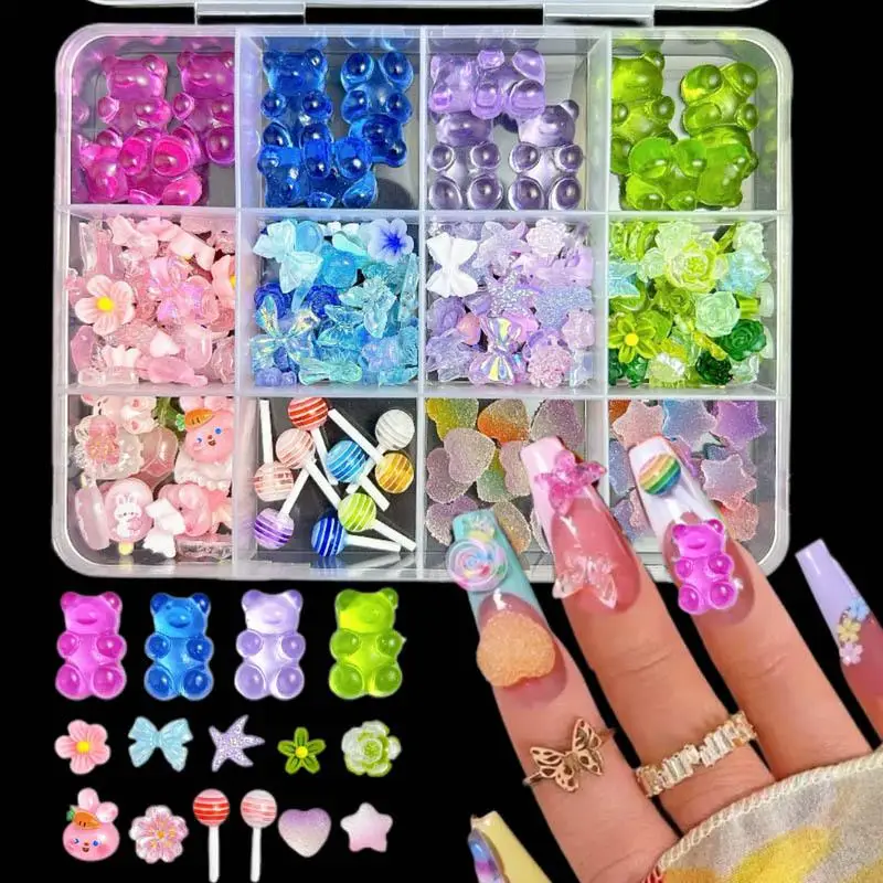 1Box Colorful Fudge Bear Star Nail Art Decorations Multiple Style Tulip Camellia Aurora Bow Shell Mixed Nail Charms DIY Manicure