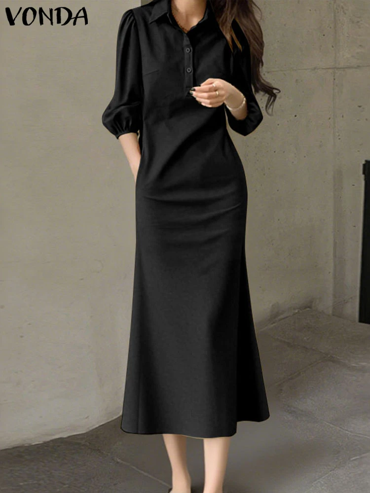 Vintage Dress Plus Size Women Office Lady Long Sundress 2025 VONDA Fashion 3/4 Sleeve Lapel Neck Robe Casual Loose Vestidos 5XL