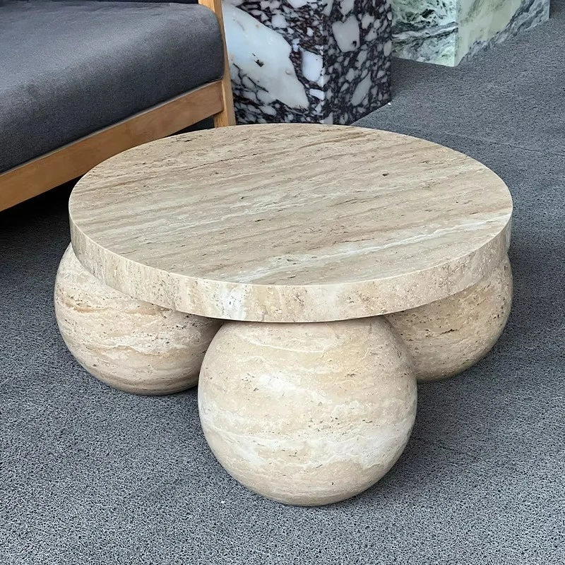 

Кофейный столик в стиле ваби-саби, маленький, современный, круглый, из бежевого травертина, с низким основанием, для гостиной, виллы, отеля