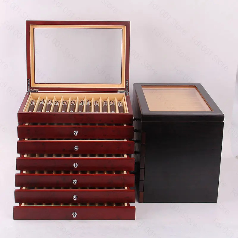 Black/ Burgundy Wooden Pen Display Storage Case, 78 Pens Capacity