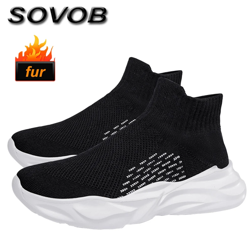 

2024 Winter Black Sneakers Couples Warmed Plush Men's Sock Shoes Slip-On High Top Sock Sneakers For Men Zapatillas Informales