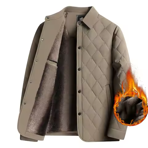 Men Jacket Autumn Winter Thicken Fleece Warm Solid Color Plaid Male Outerwear Simple Turn Down Collar Long Sleeve Man Coat