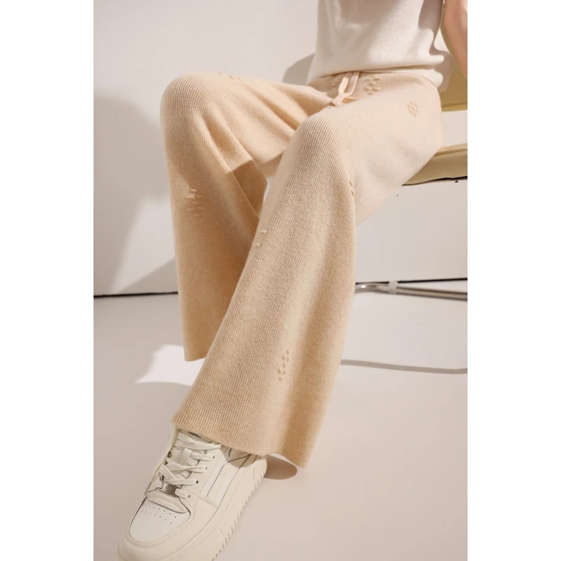 New Chic Women Pure Wool Pants Autumn Winter Wide Leg Pants Full Length 100% Merino Wool Knitwear Basic Simple Trousers Korean