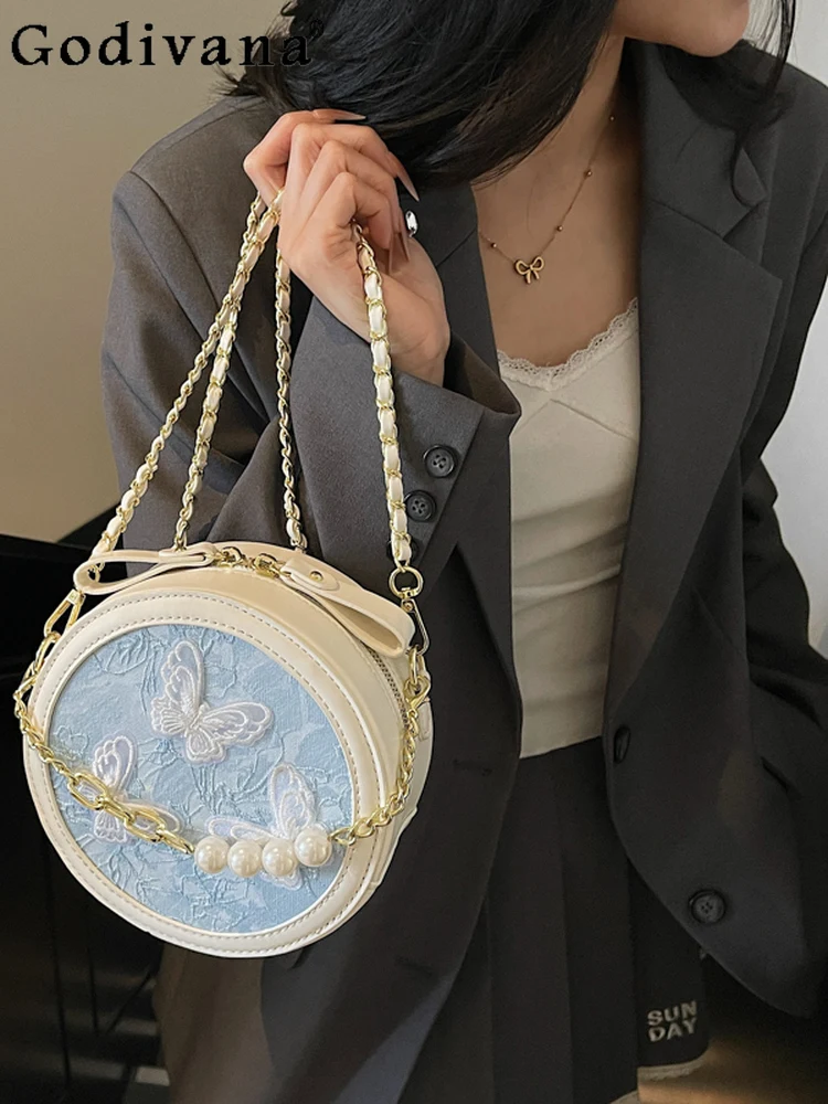 

New Chinese Style National Style Pearl Small Round Bag Sweet Girl Cute Girl 2025 New Fashion Embroidered Bow Chain Messenger Bag