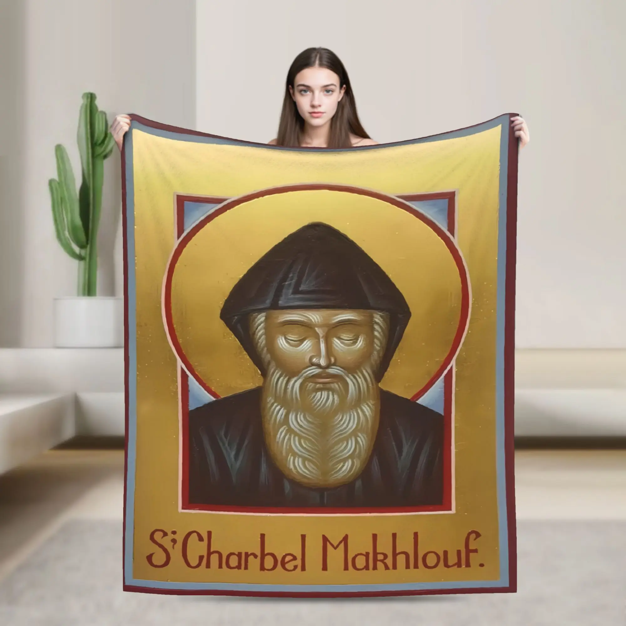 Solemn Saint Charbel Dark Portrait Blanket Quality Warm Soft  Throw Blanket Spring Camping Outdoor Print Bedspread