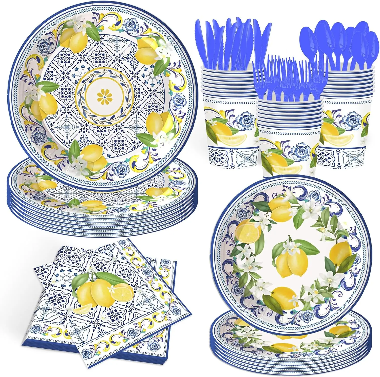 

140Pcs Retro Blue and White Porcelain Lemon Fruit Theme Tableware Set Summer Party Supplies Lemon Plates Birthday Party Decorati