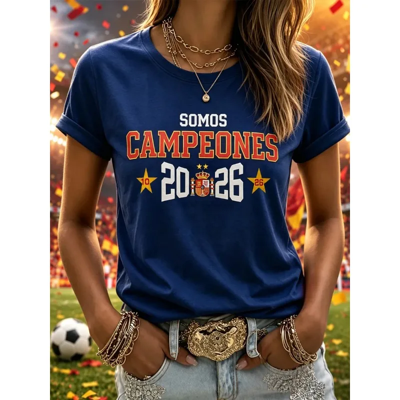 Women's Navy Blue Short Sleeve T-Shirt Featuring Spain 3D Graphic Print, Perfect Apparel For Match Day Football Supporters
