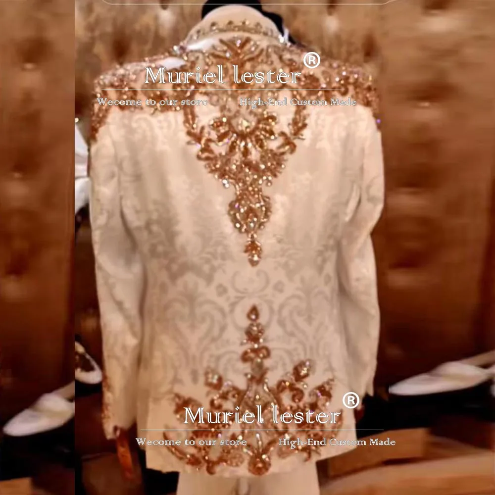 Ivory Floral Pattern Suits Men For Wedding Crystals Jewelry Beaded Prom Blazer Customized 3-Piece Formal Occasion Groom Tuxedo