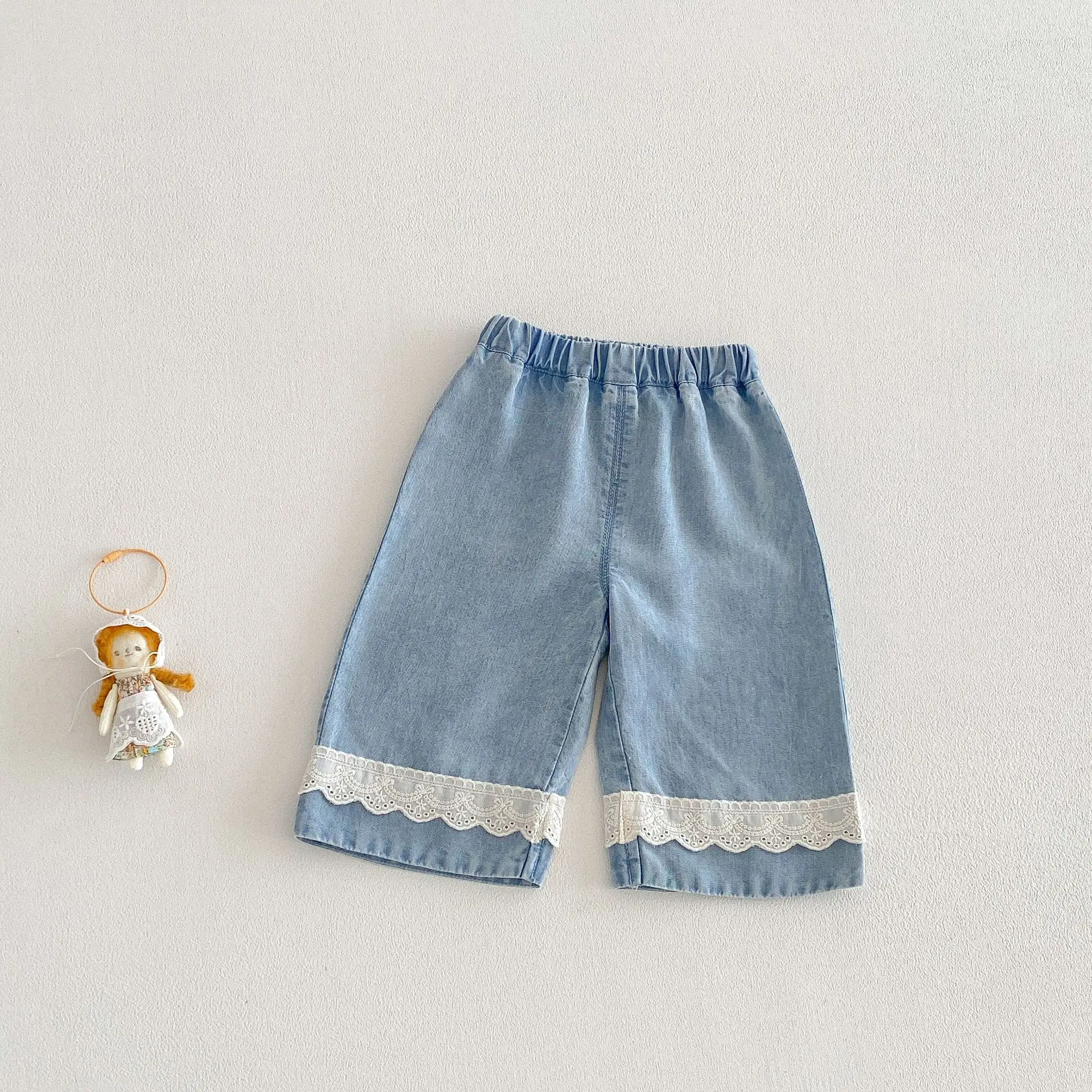 

2026 Summer Casual Children Wide Leg Jeans White Lace Denim Pants for Girls Kids Soft Elastic Waist Pants