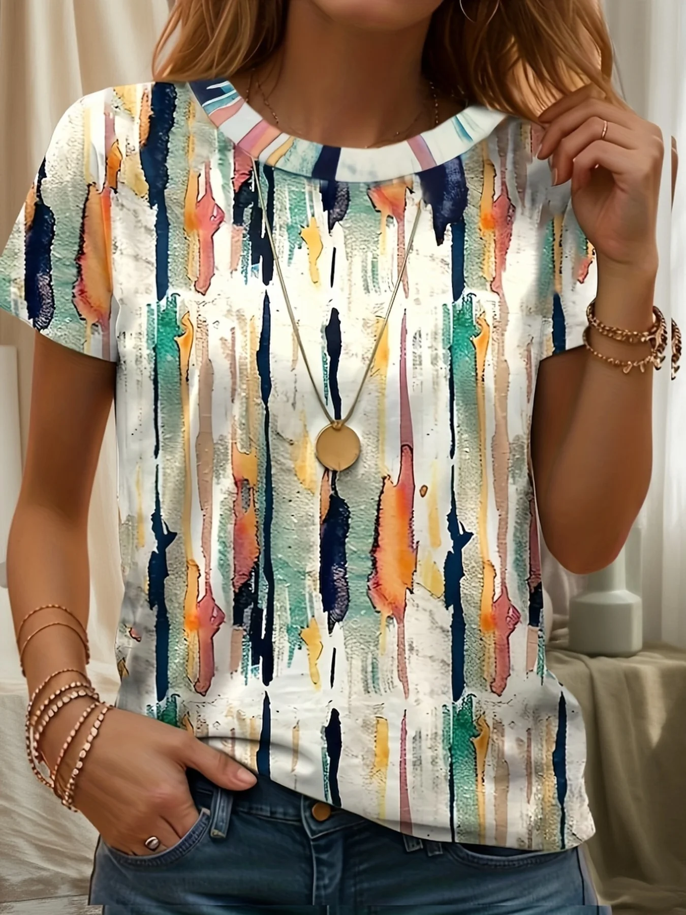 Women Crew Neck Short Sleeve T-shirt Abstract Paint Drip Stripe Print Casual Art Style Soft Breathable Daily Summer Tee