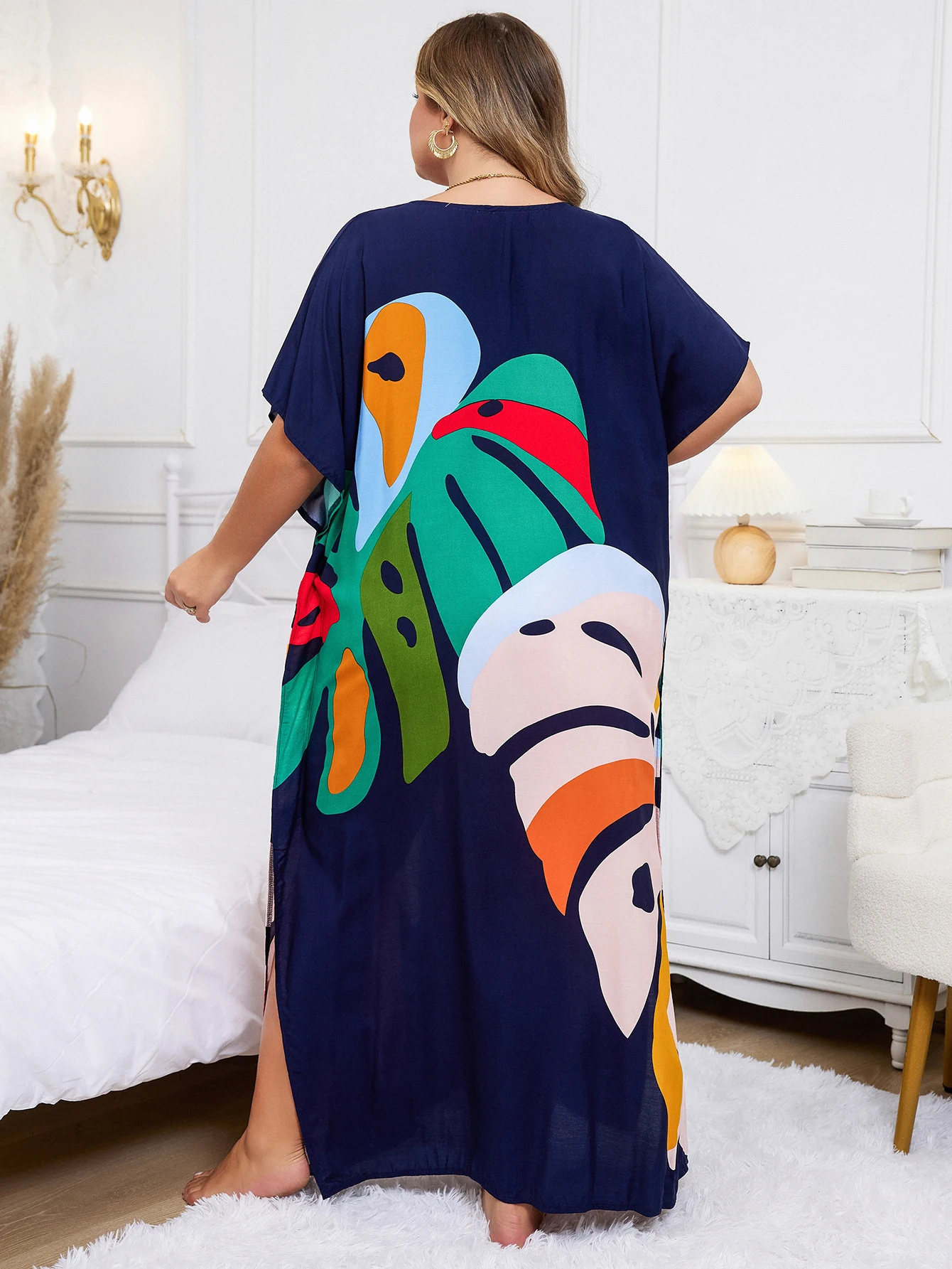 Plus Size artystyczna czarna sukienka Kaftan z nadrukiem roślinnym 2024 letnie ubrania damskie Sundress plażowe sukienki Maxi Q1476