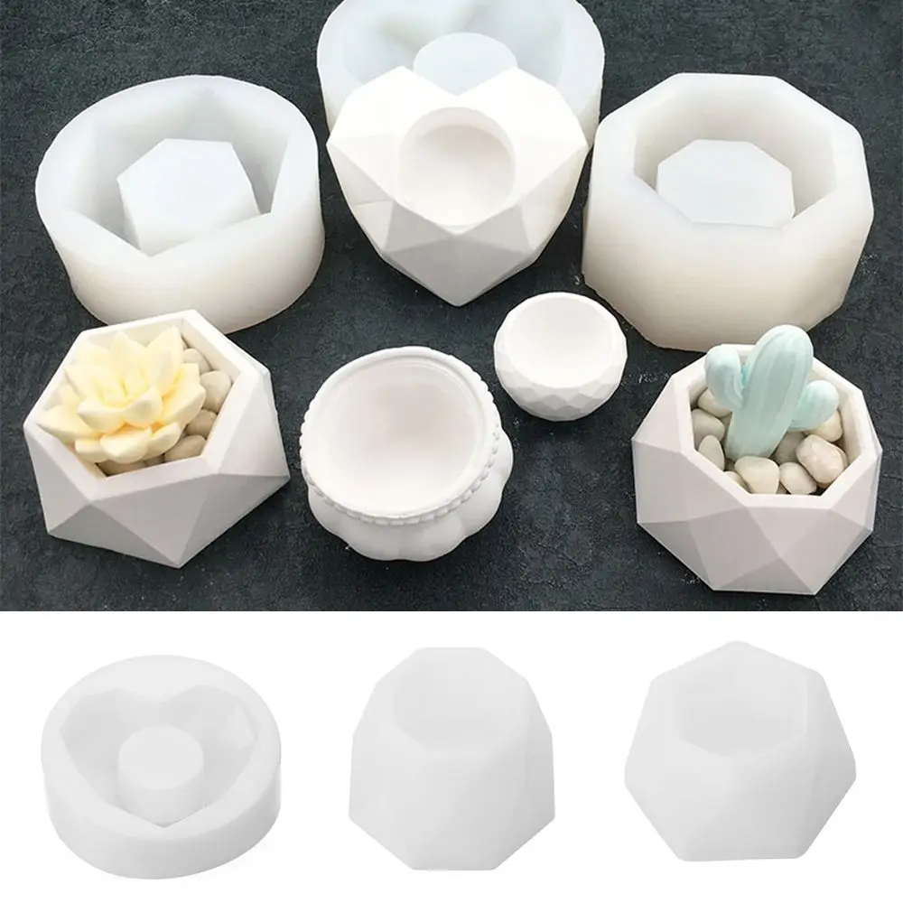 Silicone Pot Molds Form Arts Craft Polygonal Cup Moulds DIY Succulent Flowerpot Clay Plaster Gypsum Mold 3 Holes Concrete Mould