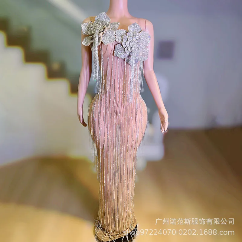 Three-dimensional Flower Fake Meat Tassel Celebrity Birthday Dress Party Red Carpet Catwalk Evening Award Ceremony Evening Dress