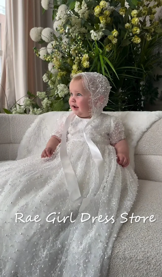 White Baby Christening Gown Short Sleeve Pearl Lace Long Baptism Dress With Matching Bonnet For Newborn Dedication Photoshoot