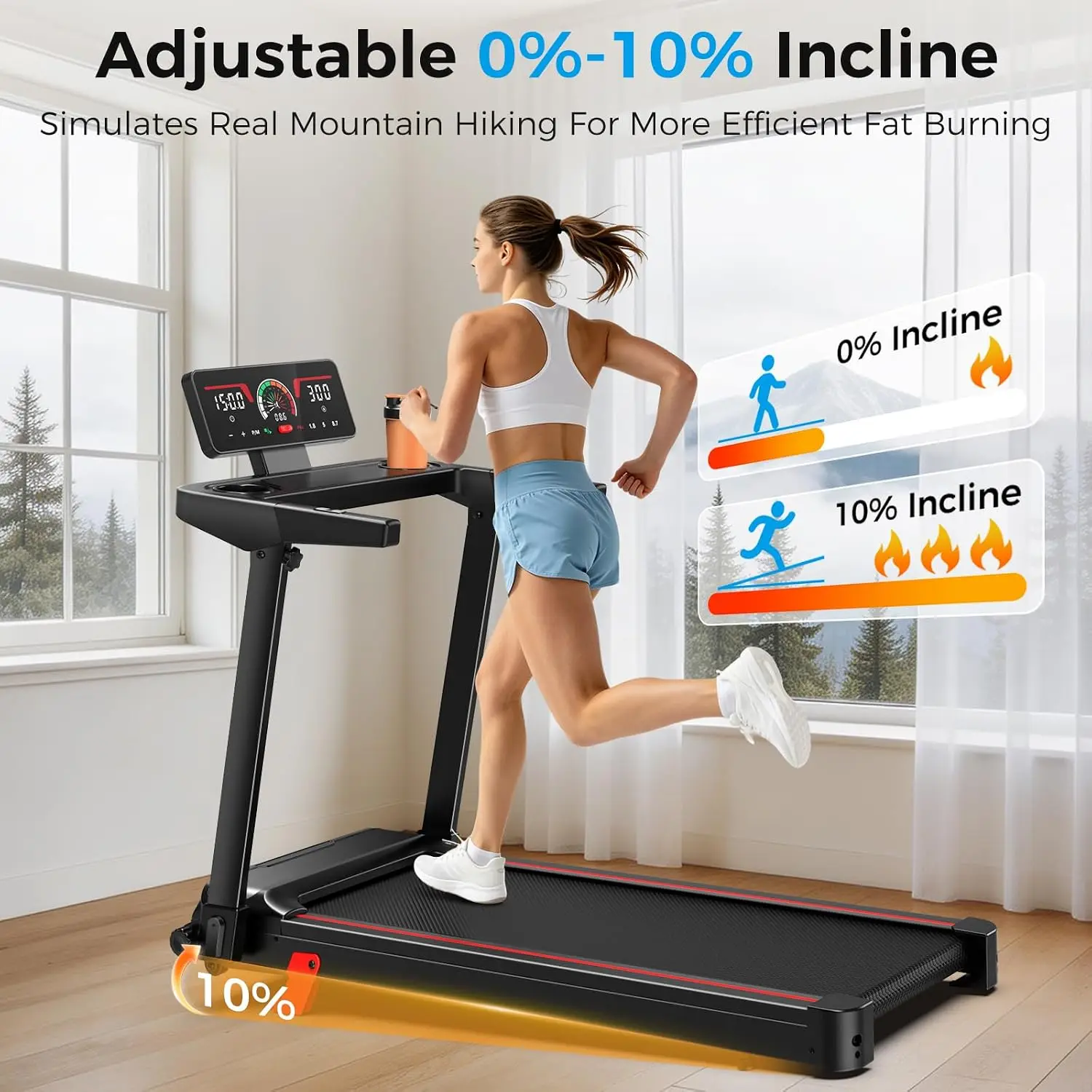 Foldable Quiet Incline Treadmill Heart Rate Monitor LED Display Walking Pad Home Portable