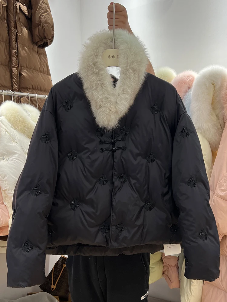 شتاء جديد النمط الصيني وشاح مع فرو الثعلب أسفل سترة المرأة مزاجه المطرزة أنيقة بطة بيضاء أسفل سترة #3