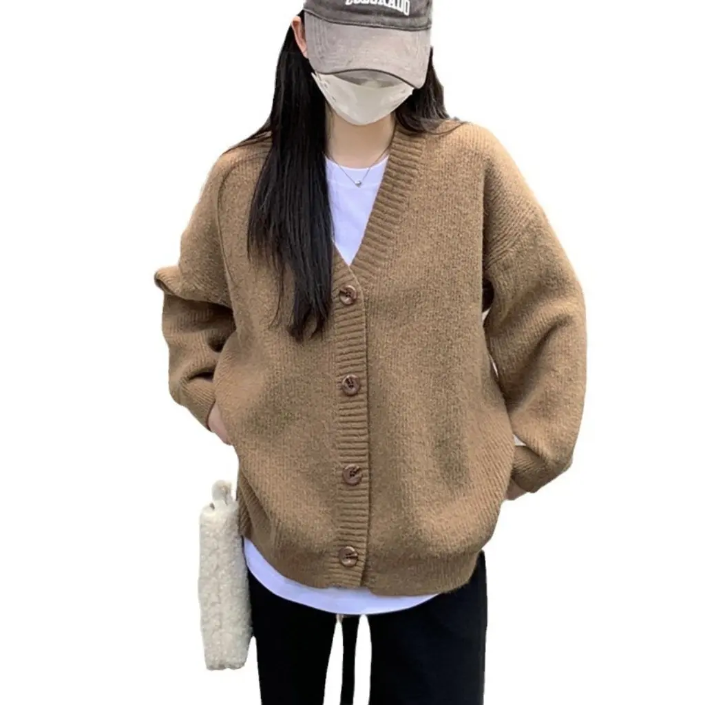 

Korean Style V-Neck Oversized Sweater Jacket for Women Loose Soft Knitted Cardigan Waxy Texture Trendy Autumn Winter Outerwear
