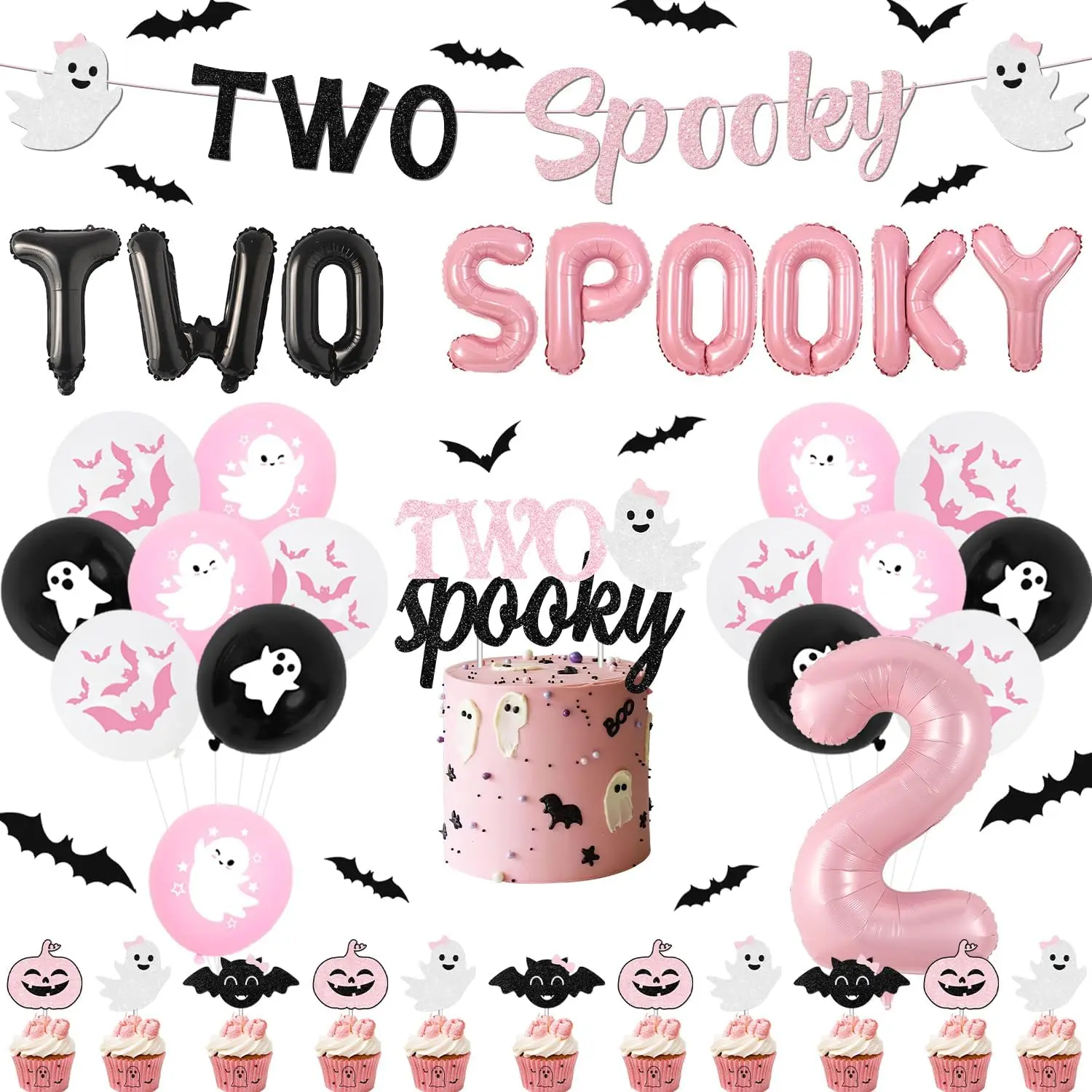 Cheereveal Two Spooky Halloween Birthday Party Balloons Banner Garland Cupcake Toppers for 2nd Birthday Party Decor Supplies