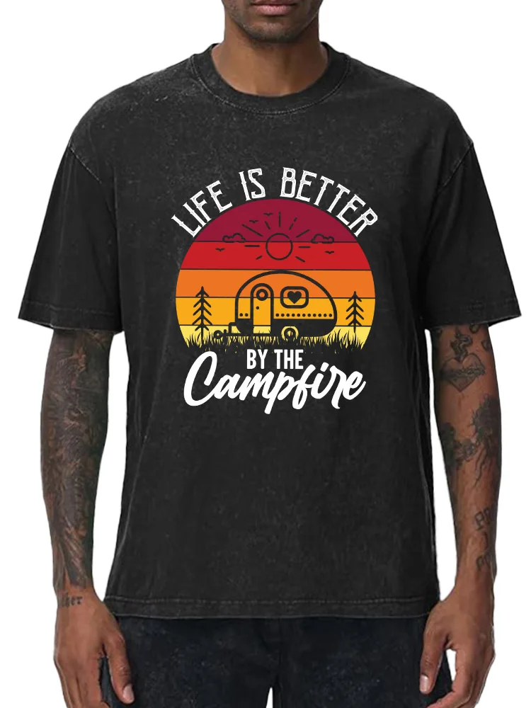 

Campfire Oversized Washed Graphic T-Shirt 100% Cotton Streetwear Tee for Men Vintage Hip Hop Loose Fit Tops