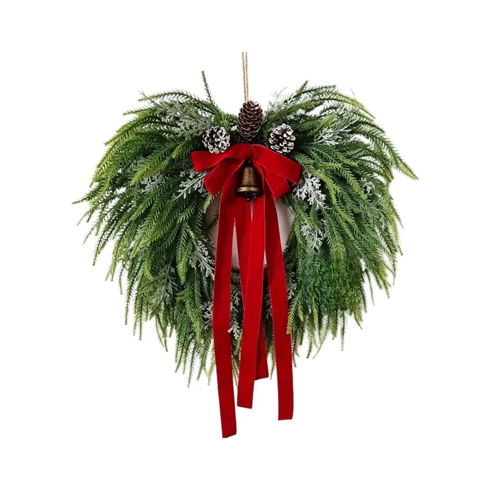 Norfolk Pine Holiday Decor Wreath with Red Bow for Indoor Door Wall Fireplace Entryway Seasonal Christmas Decoration