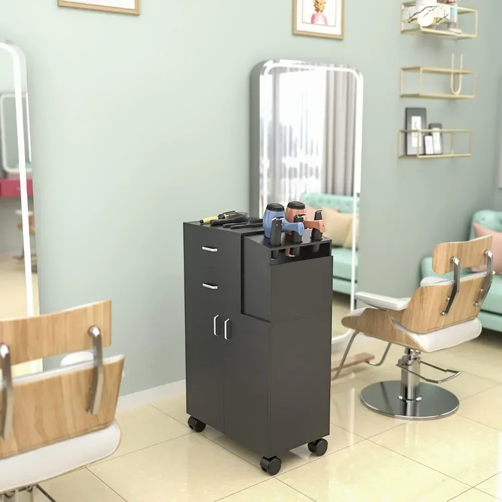 

Salon Trolley Cart with Wheels, 2 Drawer Salon Rolling Cart w/5 Hair Dryer Holders & 1 Large Cabinet,for Hair Stylist (Black)