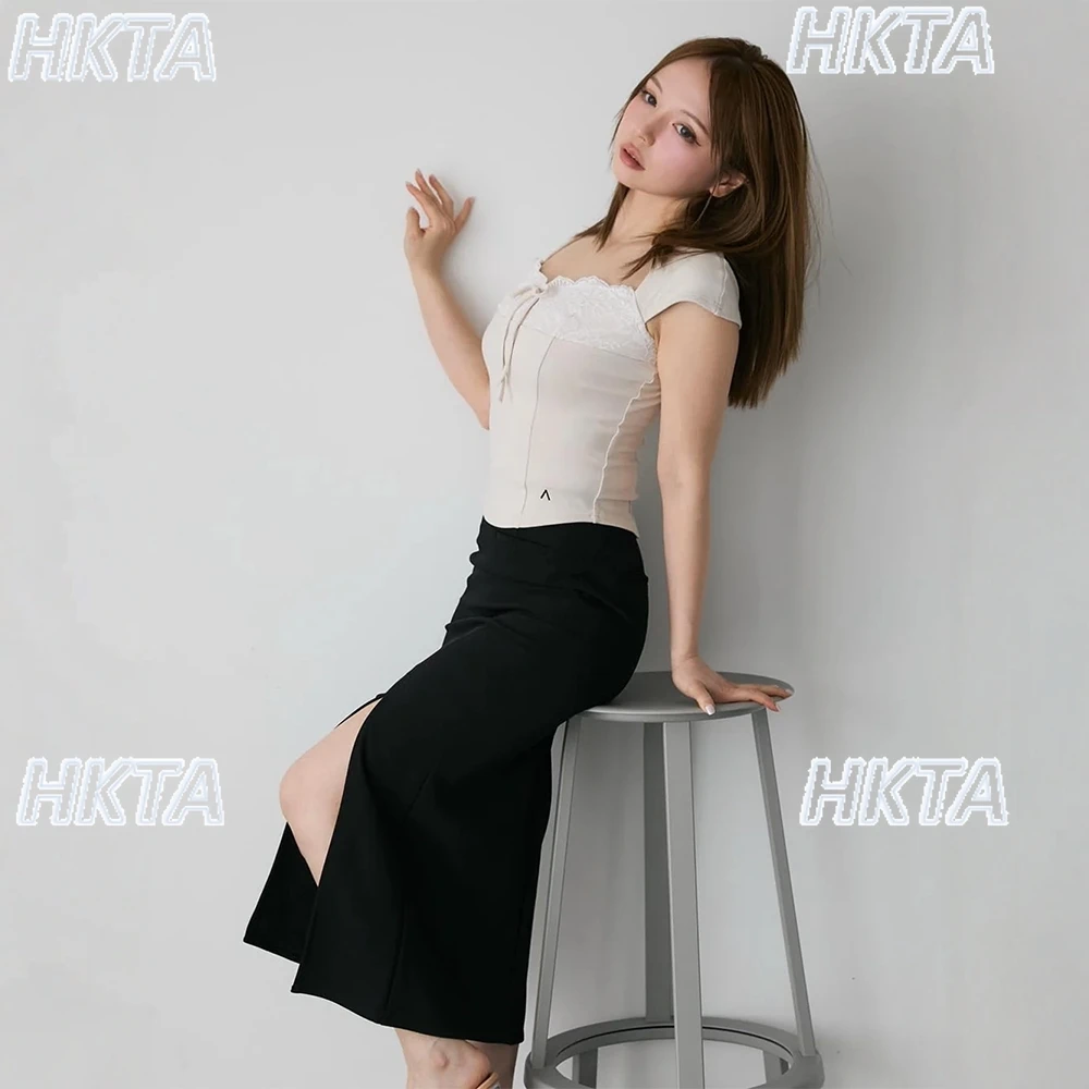 

Japanese Style Pure Desire Chest Lace Patchwork Slim Short Sleeve T-Shirt Top Ladies Black Slit Long Skirt 2-Piece Set Fashion