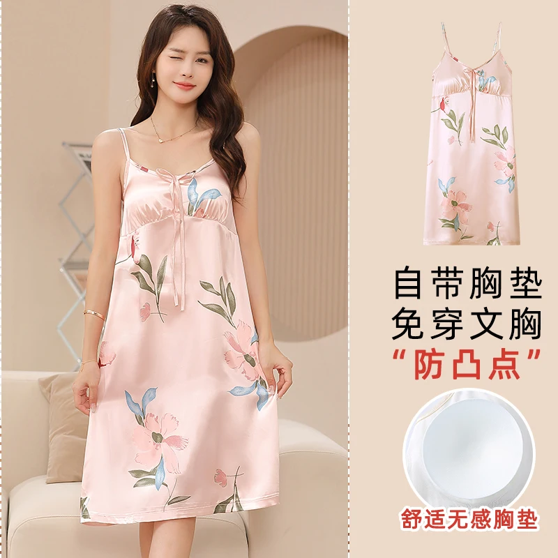 Summer Women Nightgown With Chest Pad Silk Satin Girls Nightdress M-4XL Soft Female Nightwear