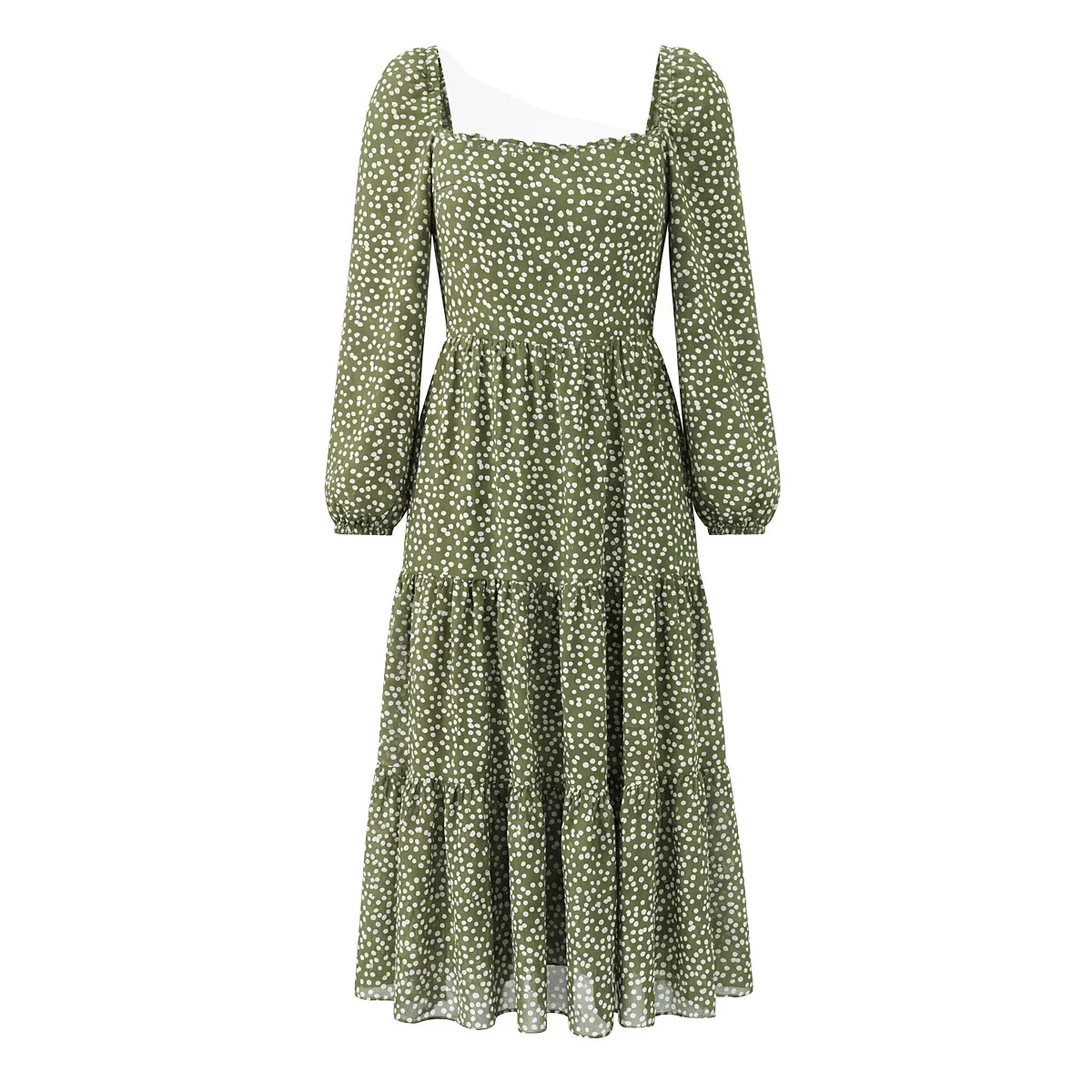 Women's Polka Dot Print Square Neck Long Sleeve Dress with Elastic Back   1T7R