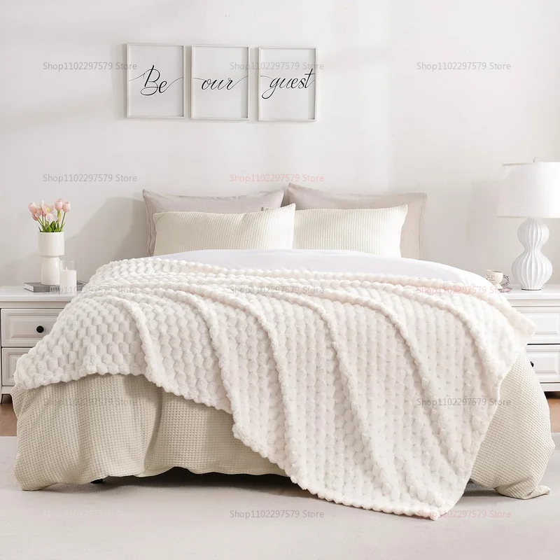 Cream White Throw Blanket Fuzzy 3D Jacquard Decorative Flannel Fleece Super Soft Plush Cozy Blanket for Couch Sofa Chair