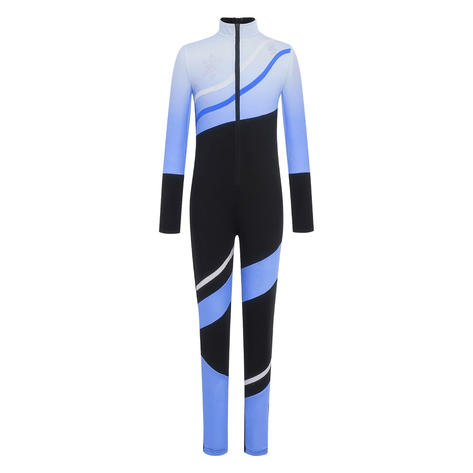 Crianças meninos meninas patinação artística macacão gola manga longa brilhante strass floco de neve cor bloco zíper bodysuit macacão