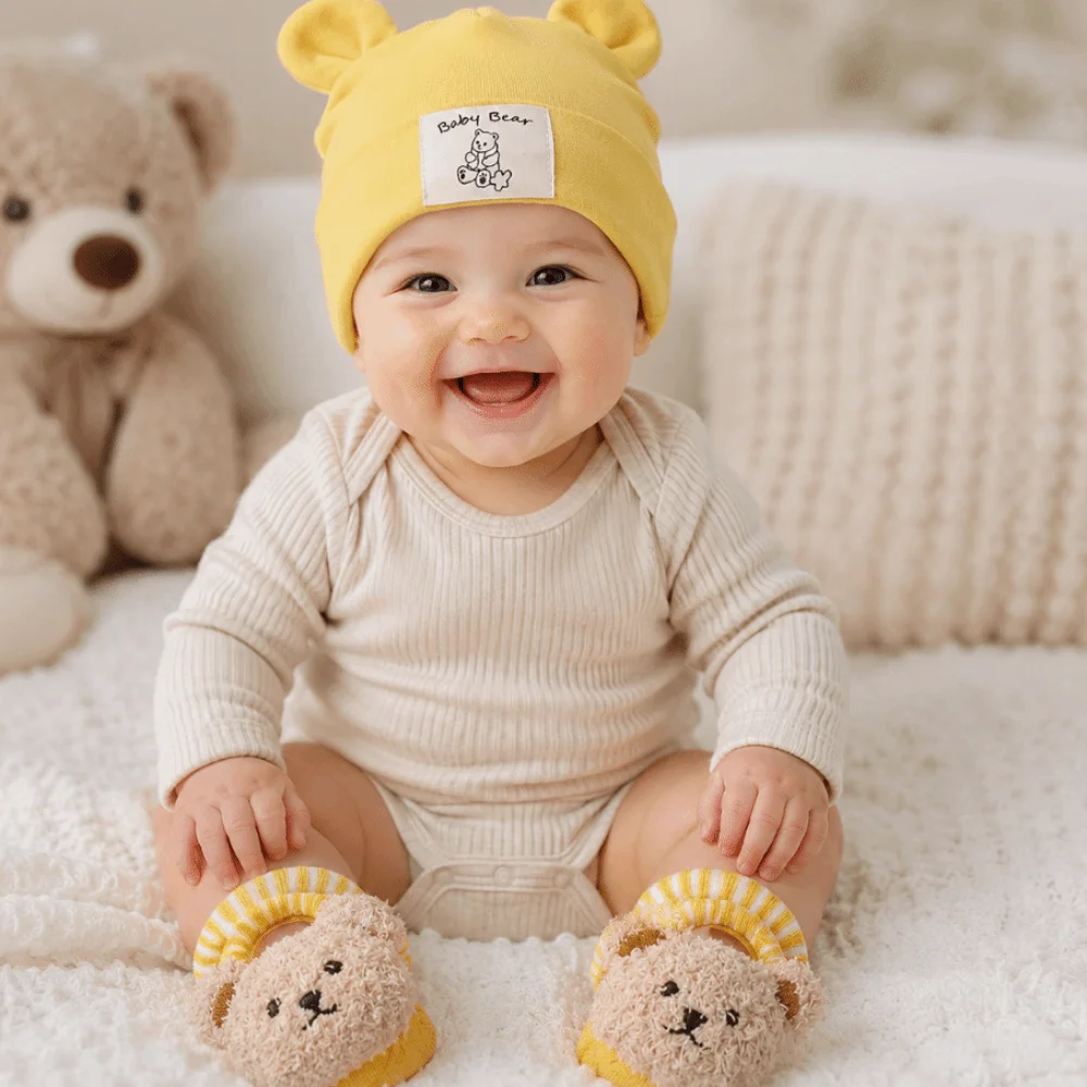2Pcs/Set Cute Cotton Baby Hat Socks Set Warm Breathable Infant Cap Socks Cartoon Soft Prewalker Socks Autumn Winter