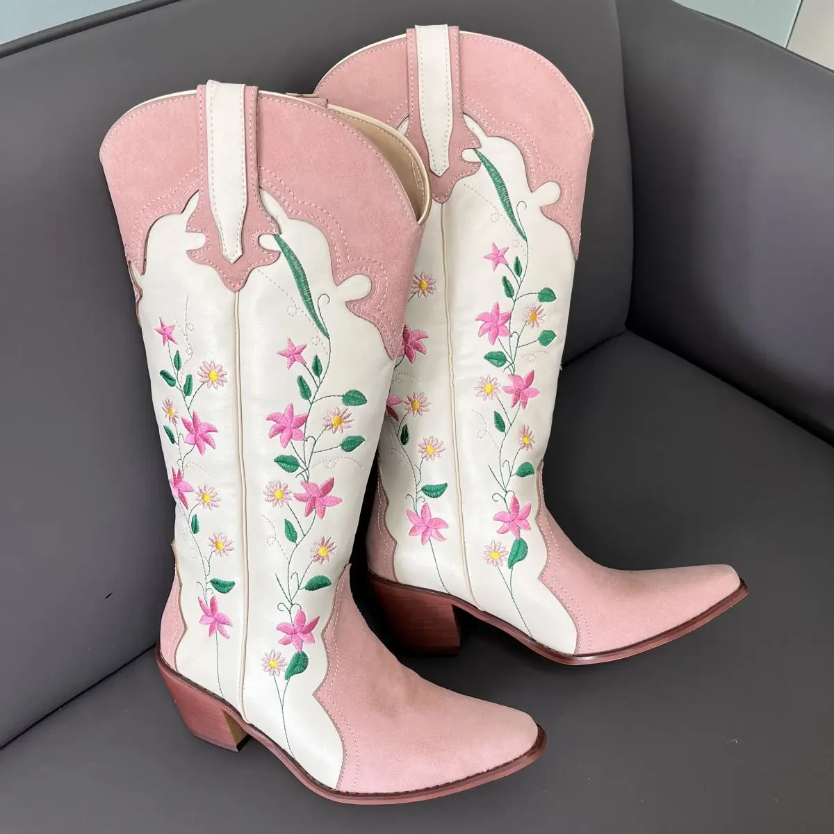 Embroider Santiag Spring White Pink Pointed Toe Texana Women Western Cowboy Ankle Boots Ladies Shoes On Offer Women Boots