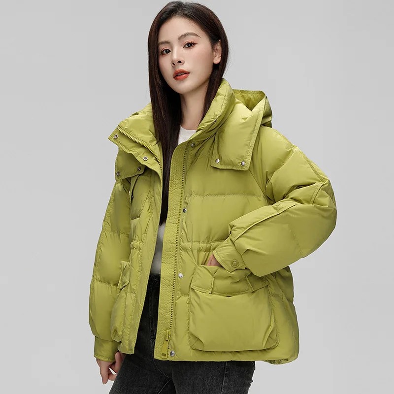 Short Women Jacket Korean Coats Down Fashion Simple Casual Puffer Coat Hooded Drawstring Loose Outerwear Warm Thick Down Jackets