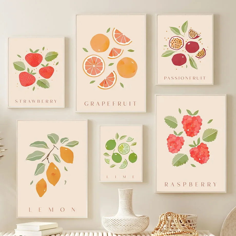 Kitchen Food Botanical Wall Art Mural Strawberry Lime Fruit Raspberry Canvas Painting Poster Print Pictures Living Room Decor
