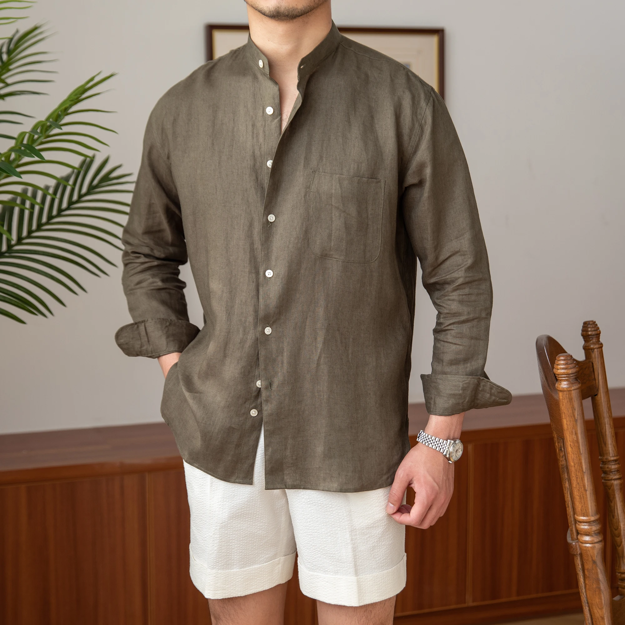 Pendolare fatto in casa leggermente maturo Casual traspirante puro 100% lino camicia a maniche lunghe tutto-fiammifero camicia da uomo con colletto natalizio